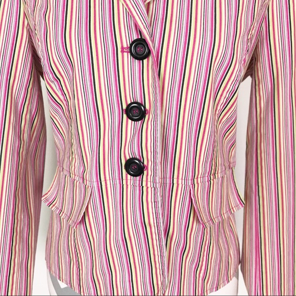 Vintage 90s Blazer Jacket Striped Fitted 3 Button Pink Blue Green White Cotton - Picture 2 of 7